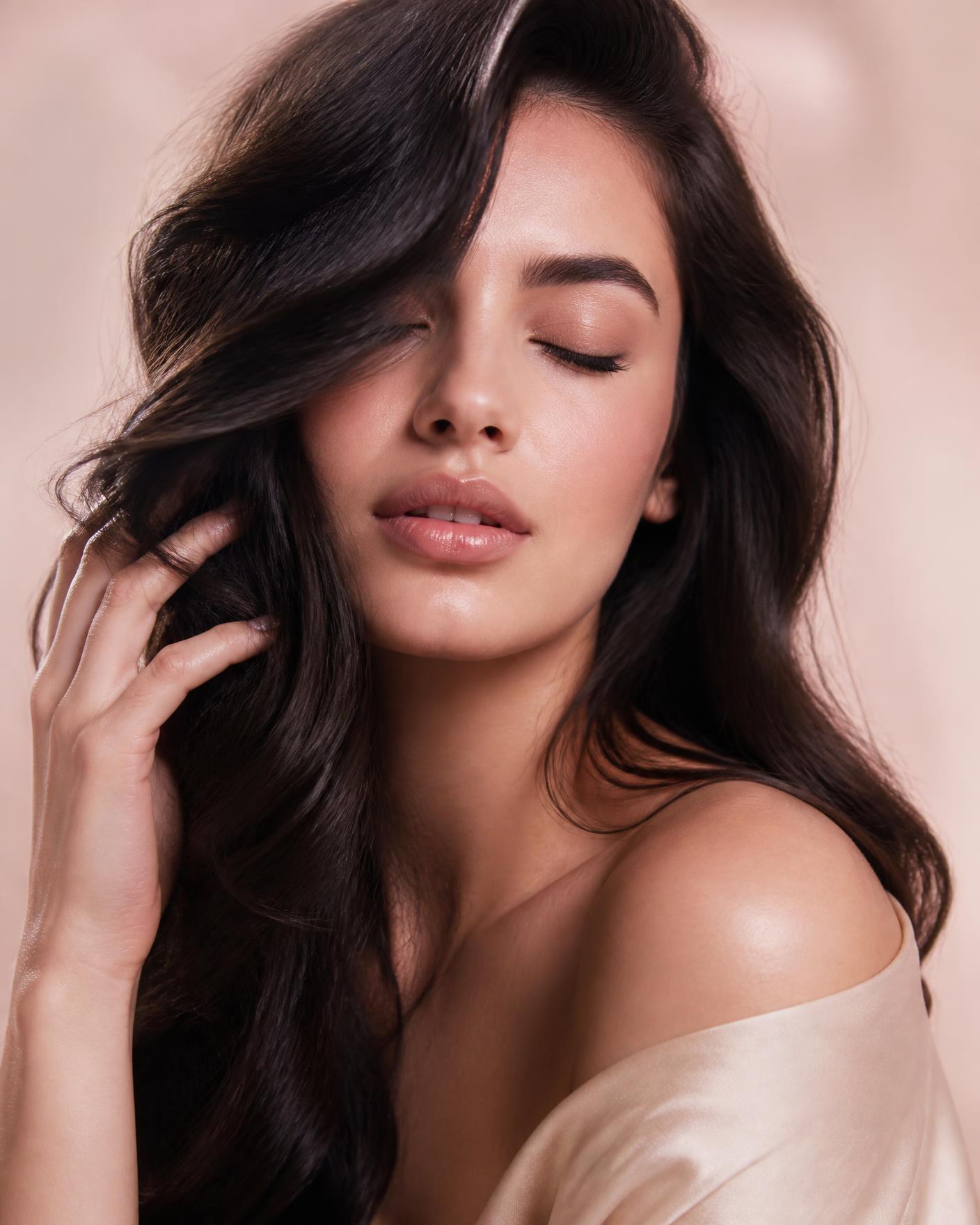 Cabello con acabado brillante y maquillaje natural, estilo Lola Studio